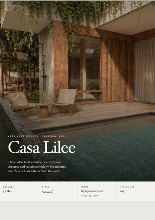 Cover of the Casa Lilee brochure: the pool terrace under a brick and teak facade, with the release, title, price and handover set out beneath.