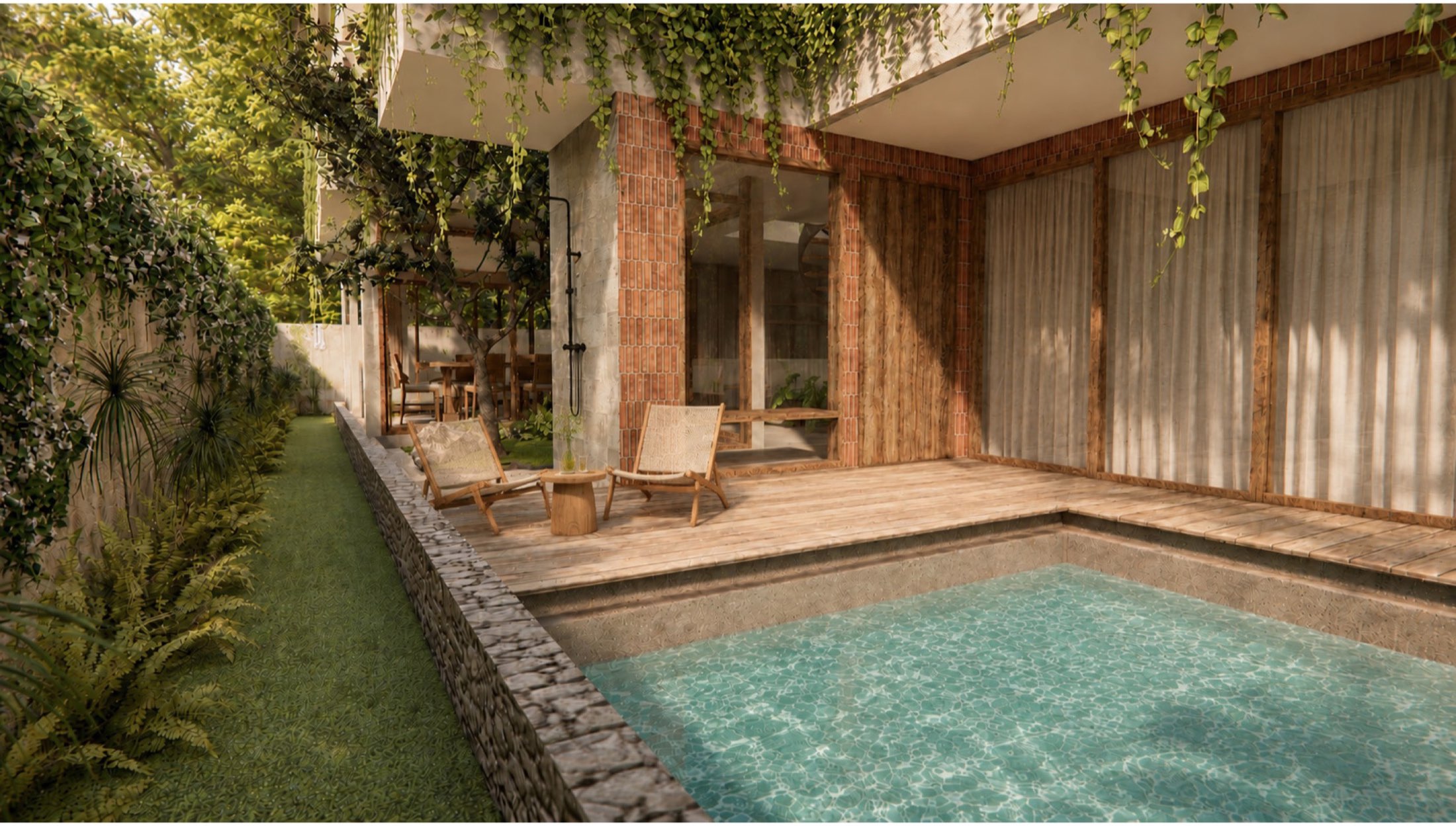 Casa Lilee: pool and timber deck against a brick-clad column, with an outdoor shower and planted courtyard beyond.