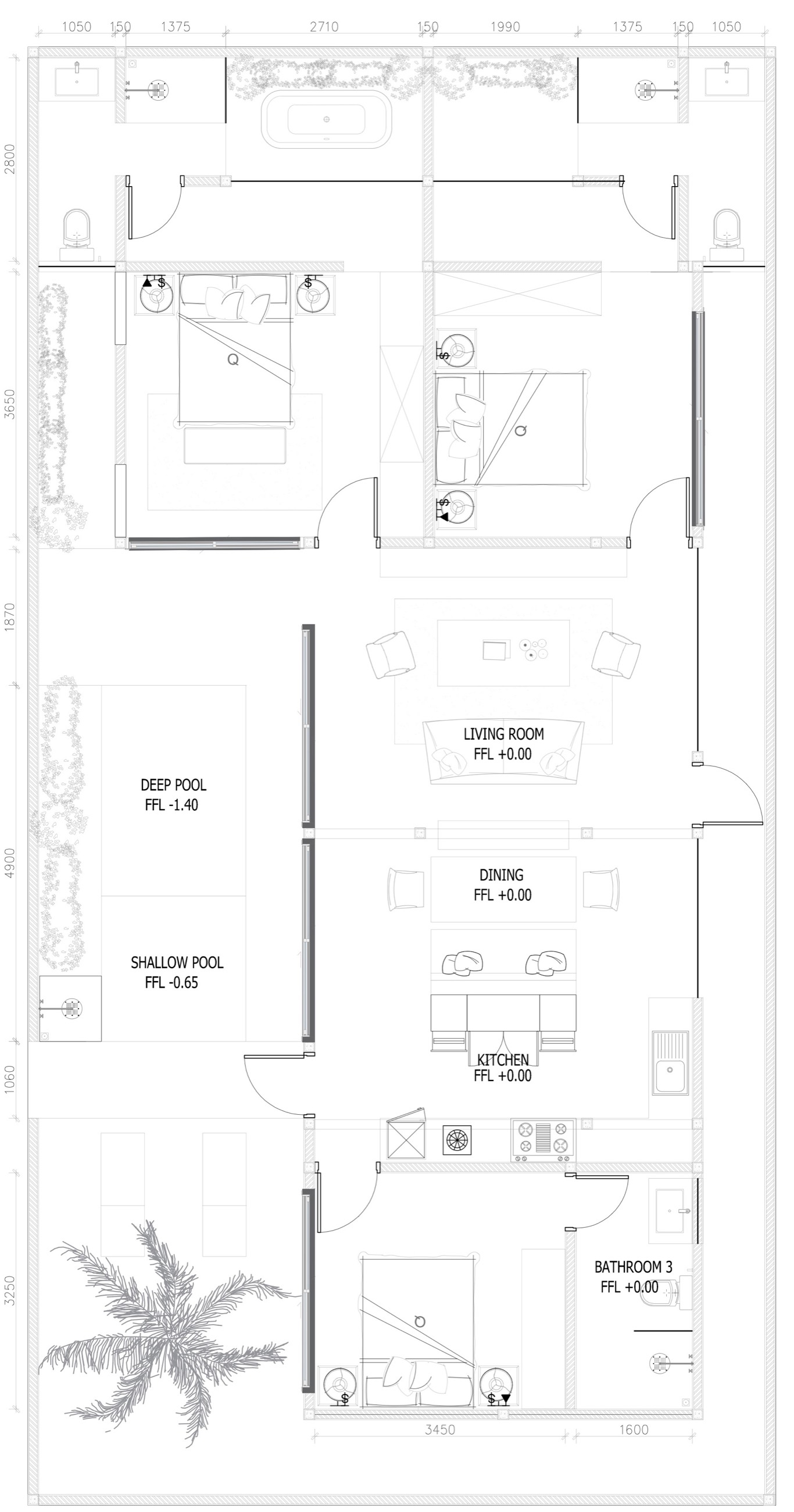 Garden villa floor plan: two bedrooms with ensuite bathrooms, third bedroom with bathroom, open living, dining and kitchen, deep and shallow pool