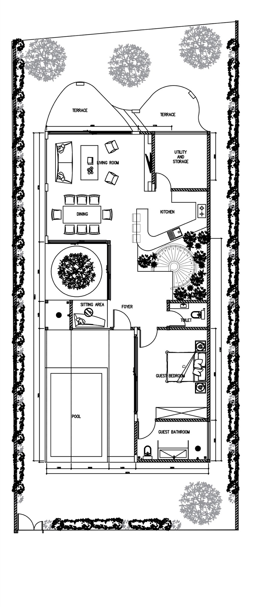 Ground floor plan: living, dining, kitchen, sitting area, foyer, guest bedroom and bathroom, utility and storage, two terraces and pool