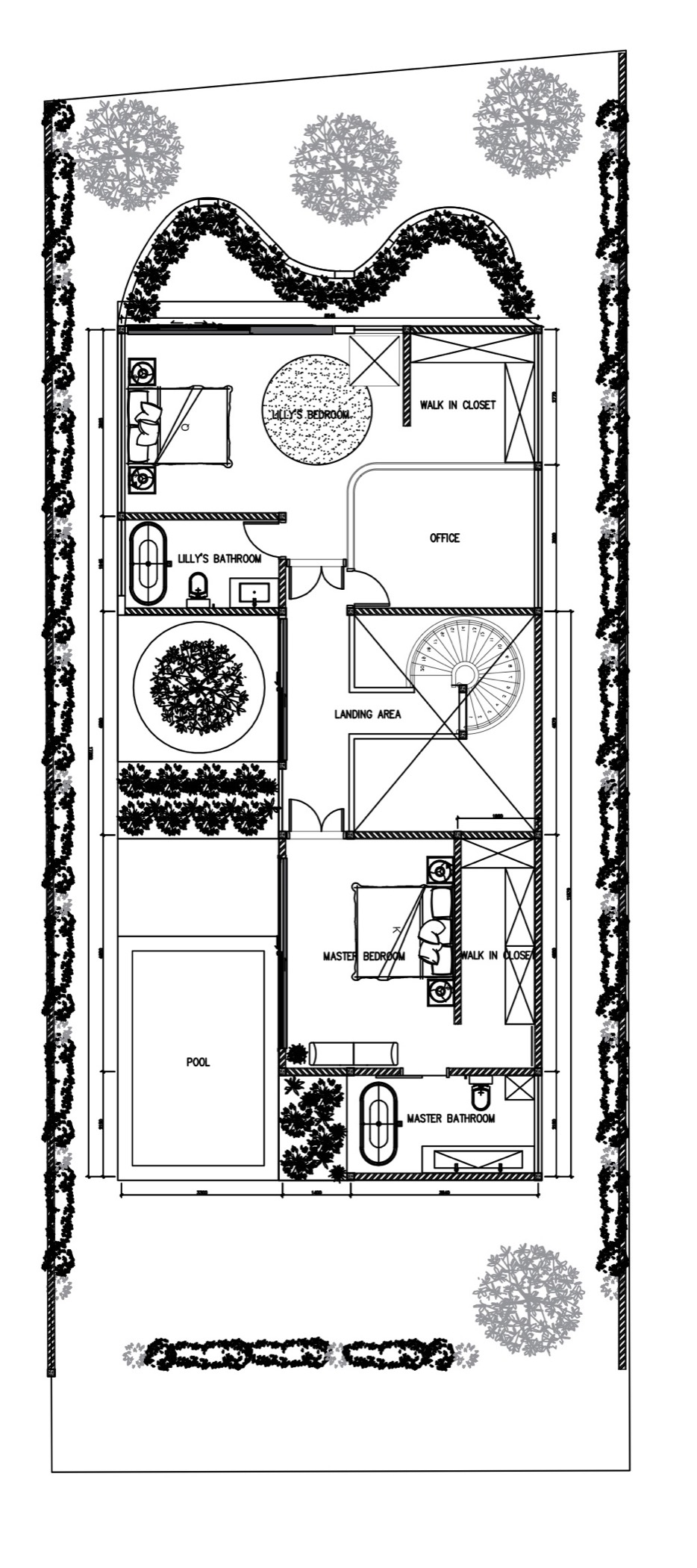 Upper floor plan: master bedroom with bathroom and walk-in closet, second bedroom with bathroom and walk-in closet, office and landing